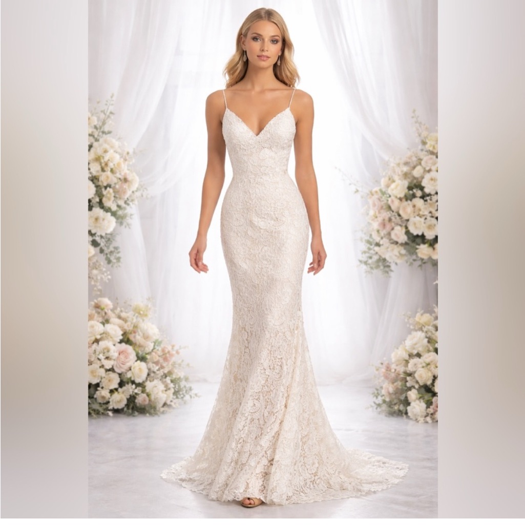 Bridal Lace Mermaid Wedding Gown Size 4 | V-Neck Open Back Ivory | Style 10729